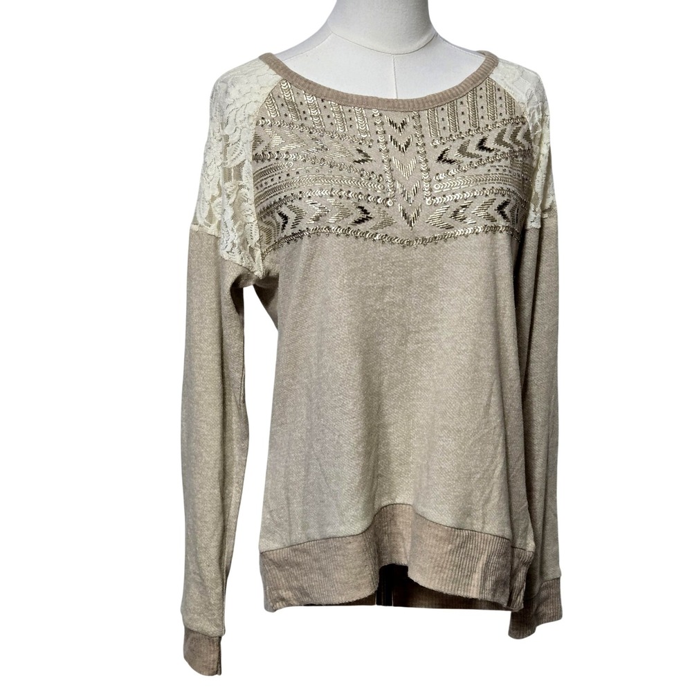 Miss Me Sweater Womens‎ Large Beige Lace Sequin Geometric Raglan Pullover Knit